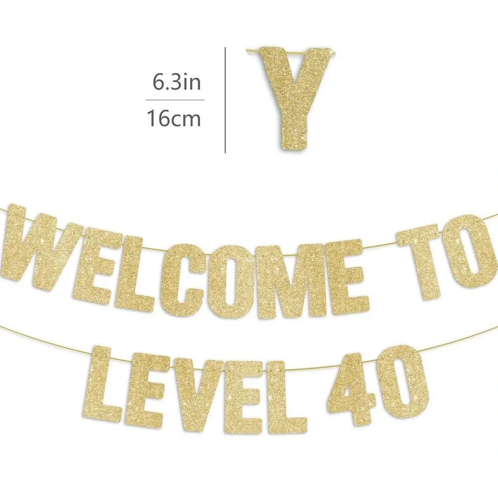 C0024-Gold Glitter Welcome to Level 40 Birthday Banner Gamer 40th Party